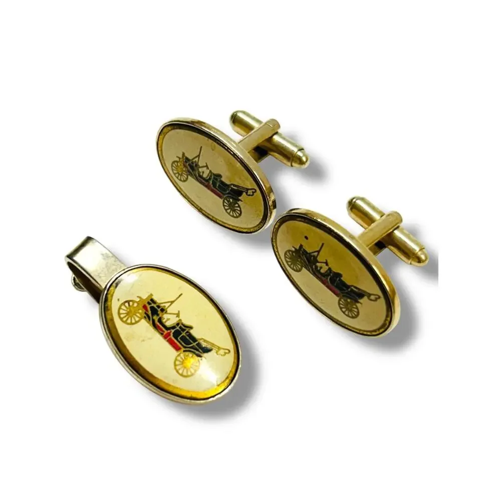 Vintage Cufflink and Tie Clip Bar Set Antique Car Bullet Back